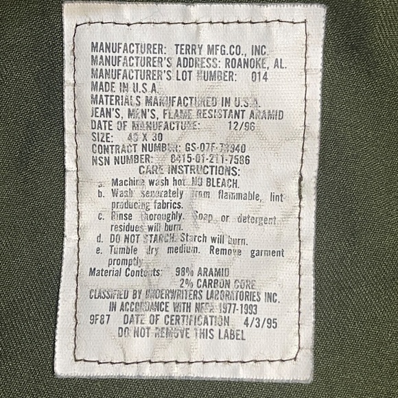 Vintage 90's FSS Pants Mens 40 x 30 Green Fire Fighting FR USFS Aramid USA Made - Picture 7 of 10